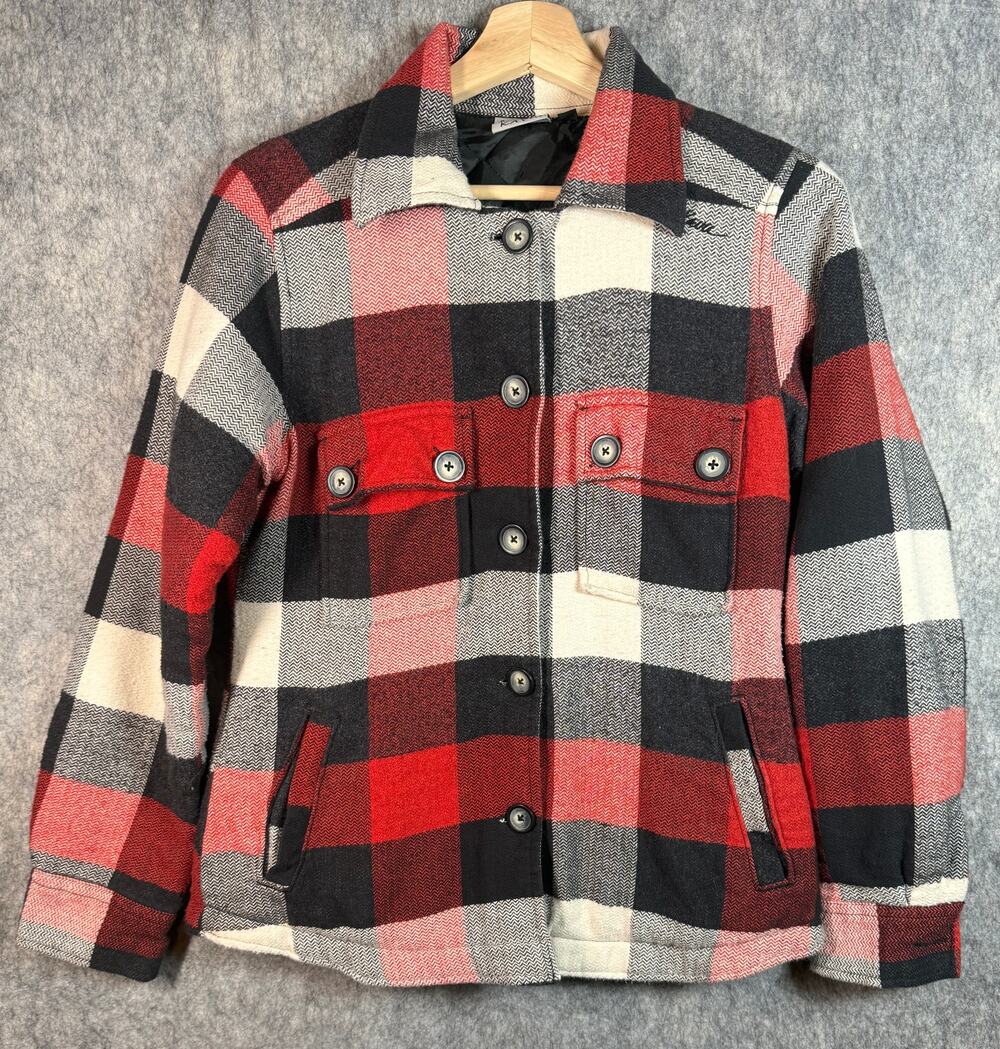 Kavu Women's Plaid Double Chest Pocket Shirt Jacket Shacket Small Red Black